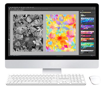 Computer screen showing a custom fabric pattern being designed in editing software