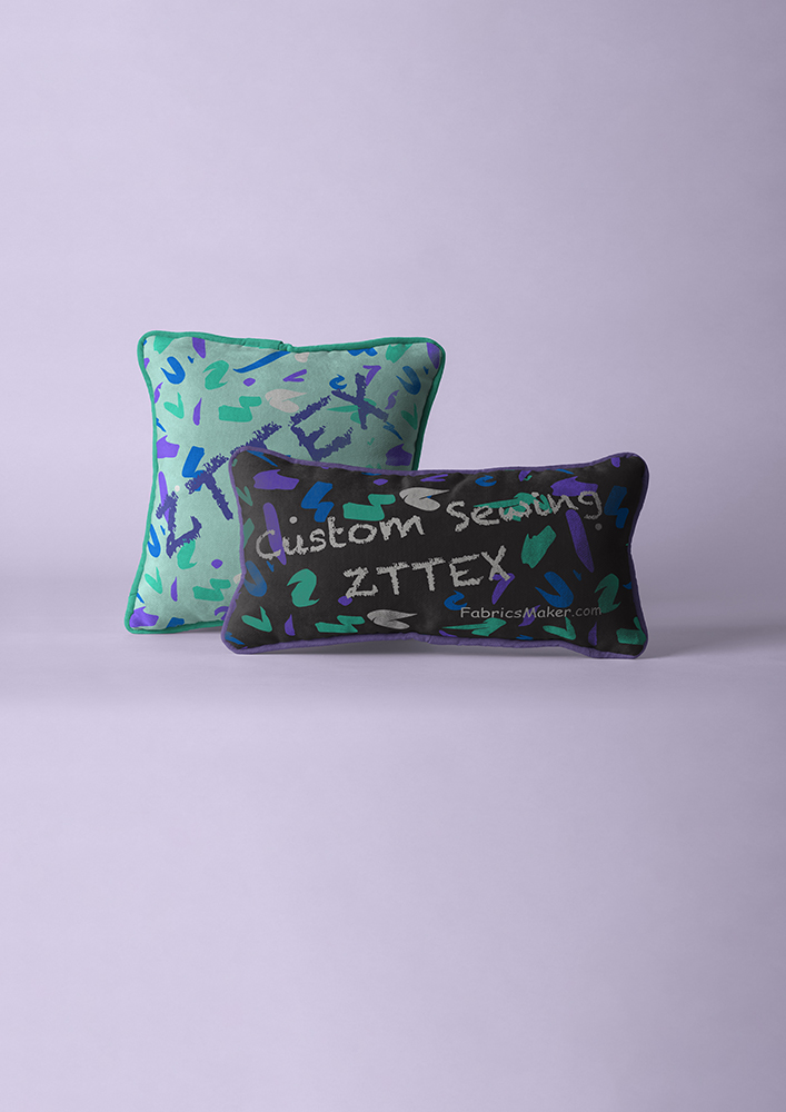 Two custom printed pillows with ZTTEX and FabricsMaker.com branding