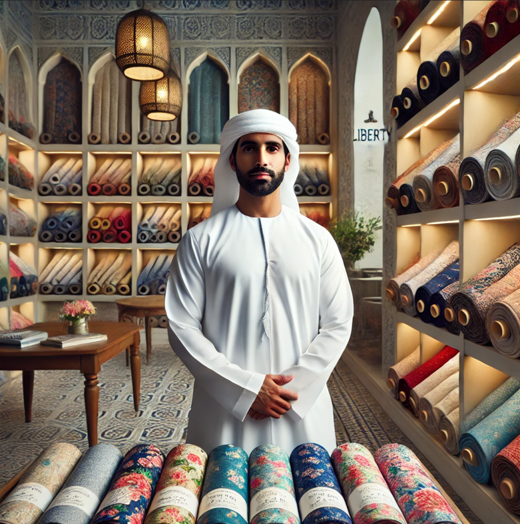 AI-generated lifestyle scene of a fabric shop in Dubai with a man in traditional dress browsing rolled fabrics