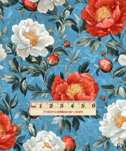 FY013 Red Peony on Sky Blue Custom Printed Fabric