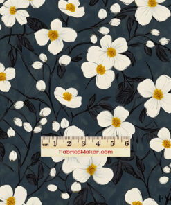 FY054 White Dogwood on Charcoal Navy Custom Printed Fabric